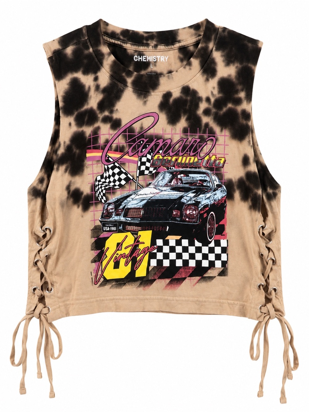 Chemistry Camaro Berlinetta Vintage Racing Tie Dye Lace-Up Crop Tank Top Size L
